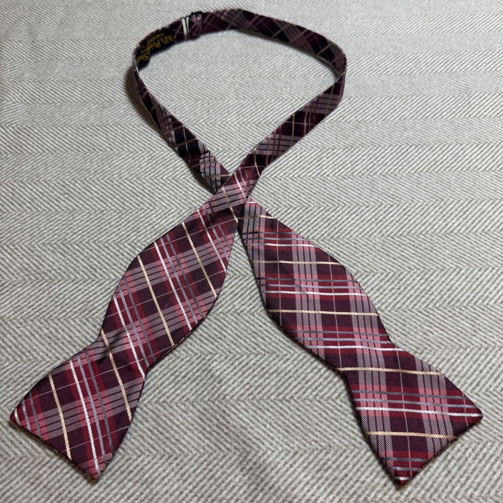 Bills Private Stock Burgundy Plaid Silk Bow Tie Hand Sewn in Vermont Mens Tie